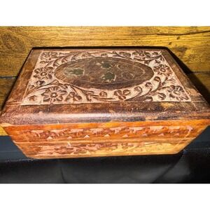 Vintage Hand Carved Wooden Trinket Jewelry Box Floral Made In India